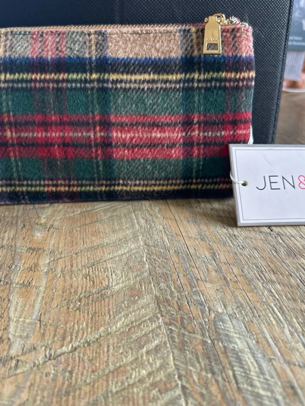 Plaid Wool Zip Clutch in Tan, Green & Blue by Jen & Co